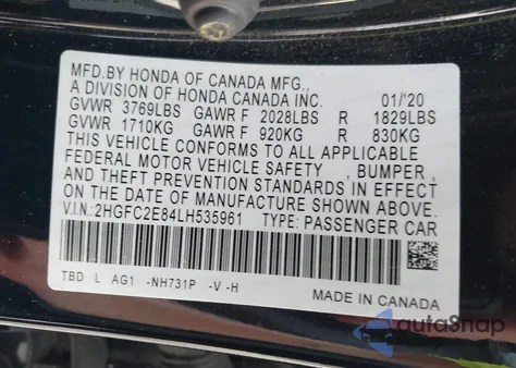 2020 Honda Civic Sport from USA, damaged, VIN 2HGFC2E84LH535961